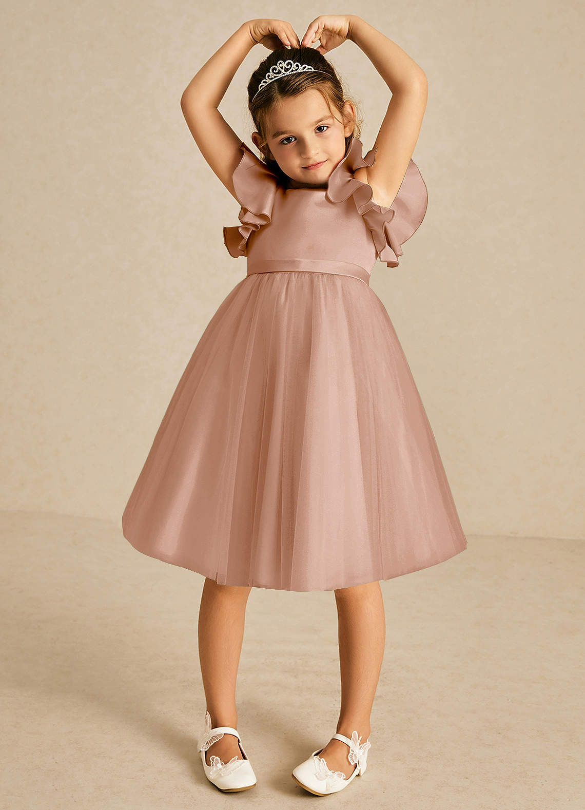 Azazie Kaeya Robe Demoiselle D'honneur Fillette Robe Trapèze en Tulle Arc Champagne Rosé image2