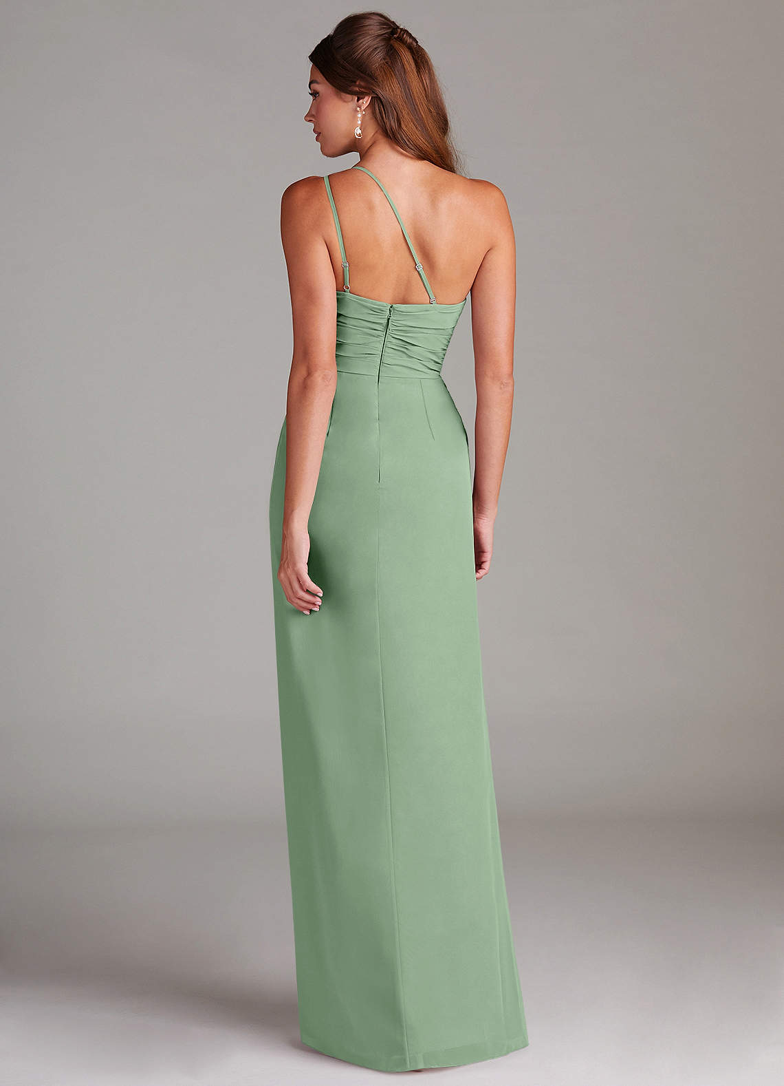 Azazie Eren Vestidos de damas de honor Vestido de Matcha de Gasa de Corte Recto con Hombro unilateral image6