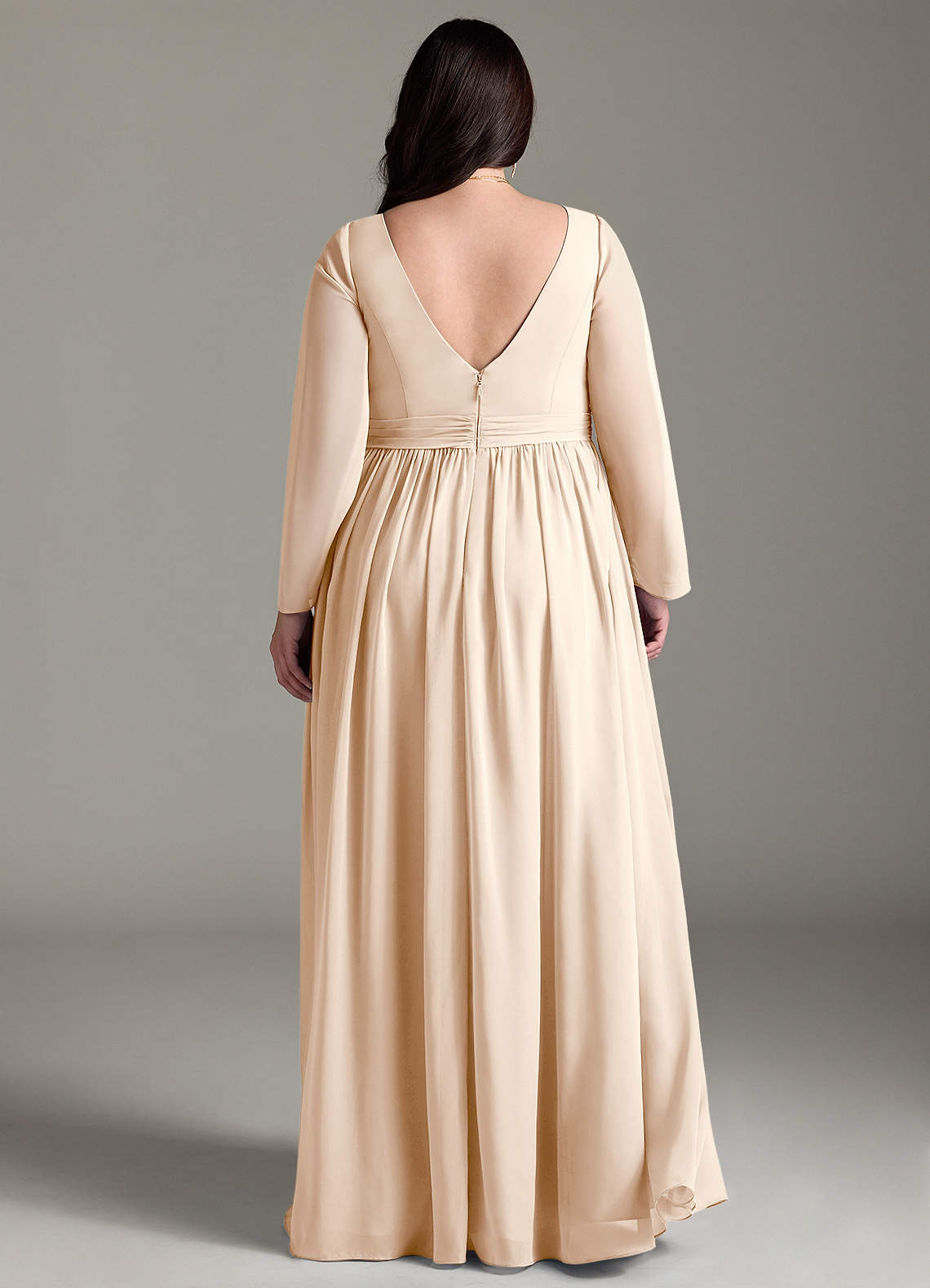 Azazie Teton At-home Try On Dresses A-Line Long Sleeve Chiffon Floor-Length Dress image7