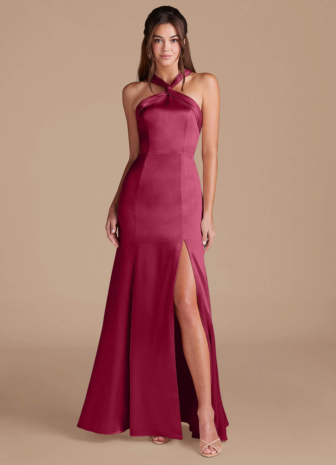 Azazie Rue Bridesmaid Dresses Burgundy Sheath Pleated Metallic Satin Dress image1