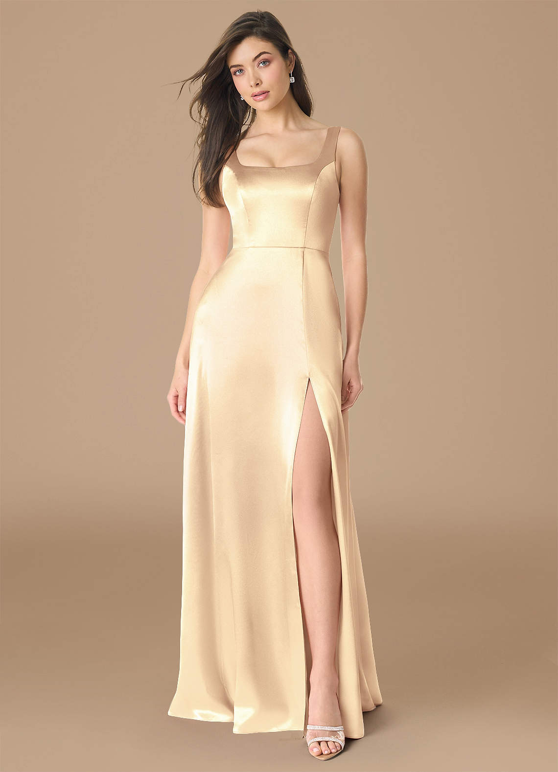 Azazie Joyce Ready to Ship Gold Metallic Satin Bridesmaid Dresses | Azazie