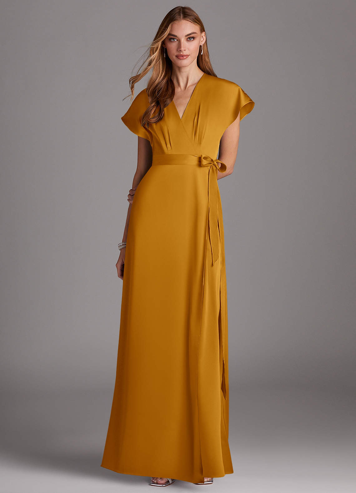 Azazie Nico Bridesmaid Dresses Butterscotch A-Line V-Neck Stretch Satin Dress image1