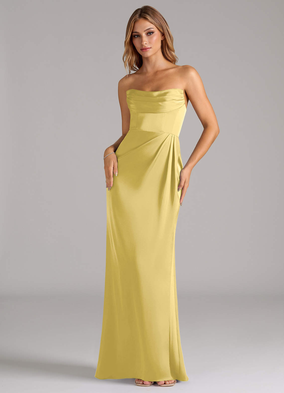 Azazie Johana Canary Stretch Satin Bridesmaid Dresses | Azazie Azazie Johana Canary Stretch Satin Bridesmaid Dresses | Azazie