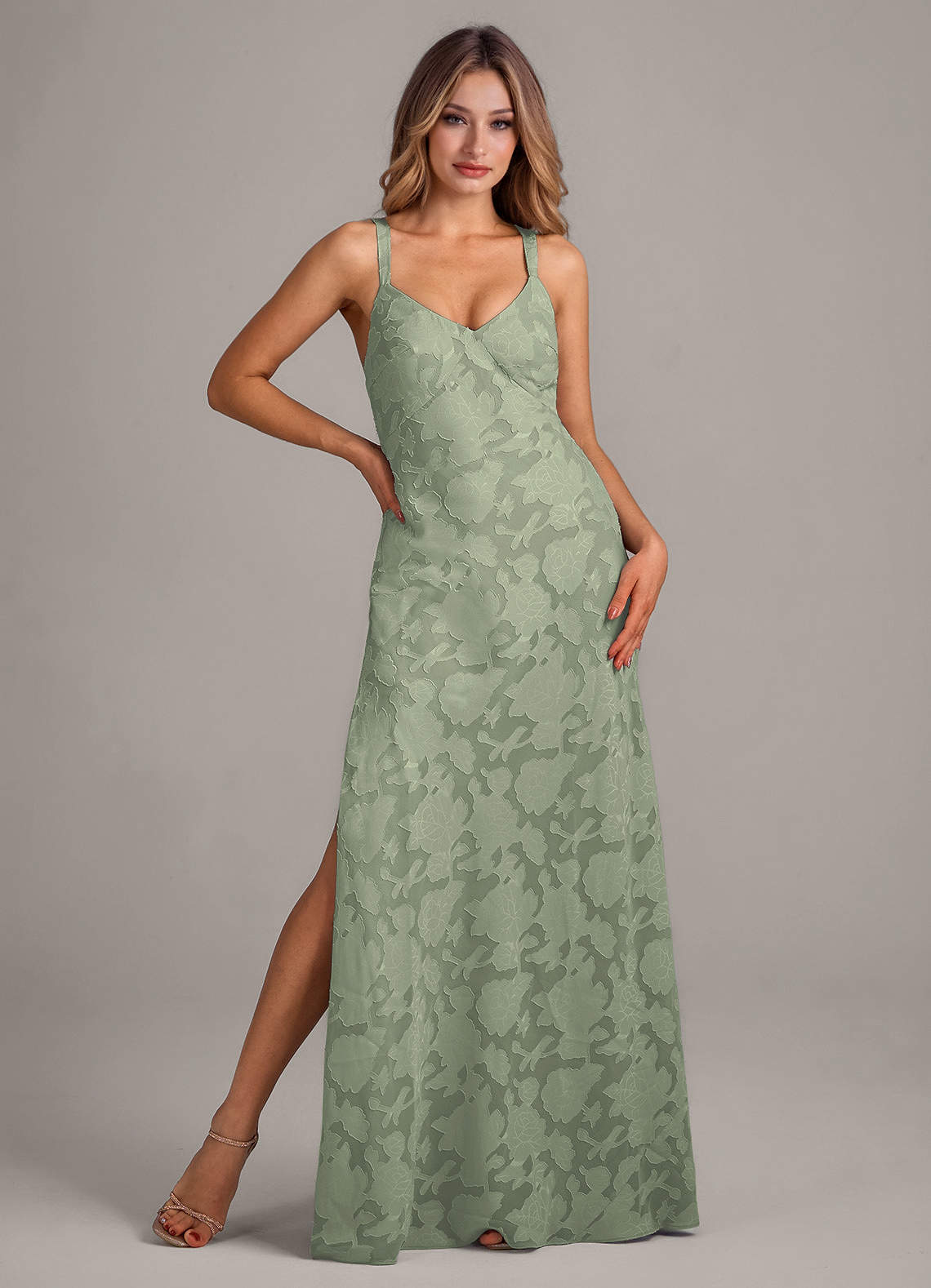 Azazie Aliza Ready to Ship Agave Floral Burnout Bridesmaid Dresses | Azazie