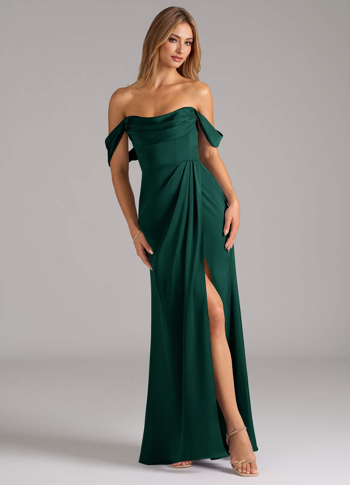 Azazie Johana Bridesmaid Dresses Emerald Mermaid Off the Shoulder Stretch Satin Convertible Dress image1