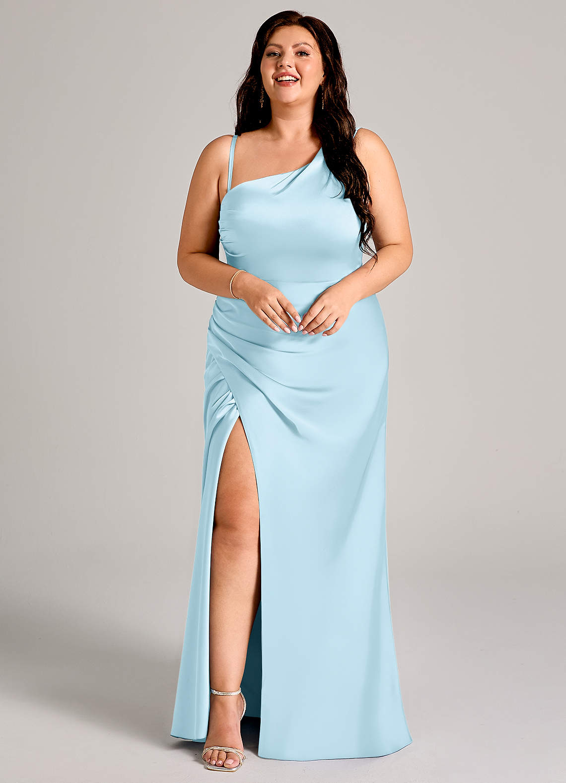Azazie Madelyn Bridesmaid Dresses Sky Blue Mermaid One Shoulder Stretch Satin Convertible Dress image14