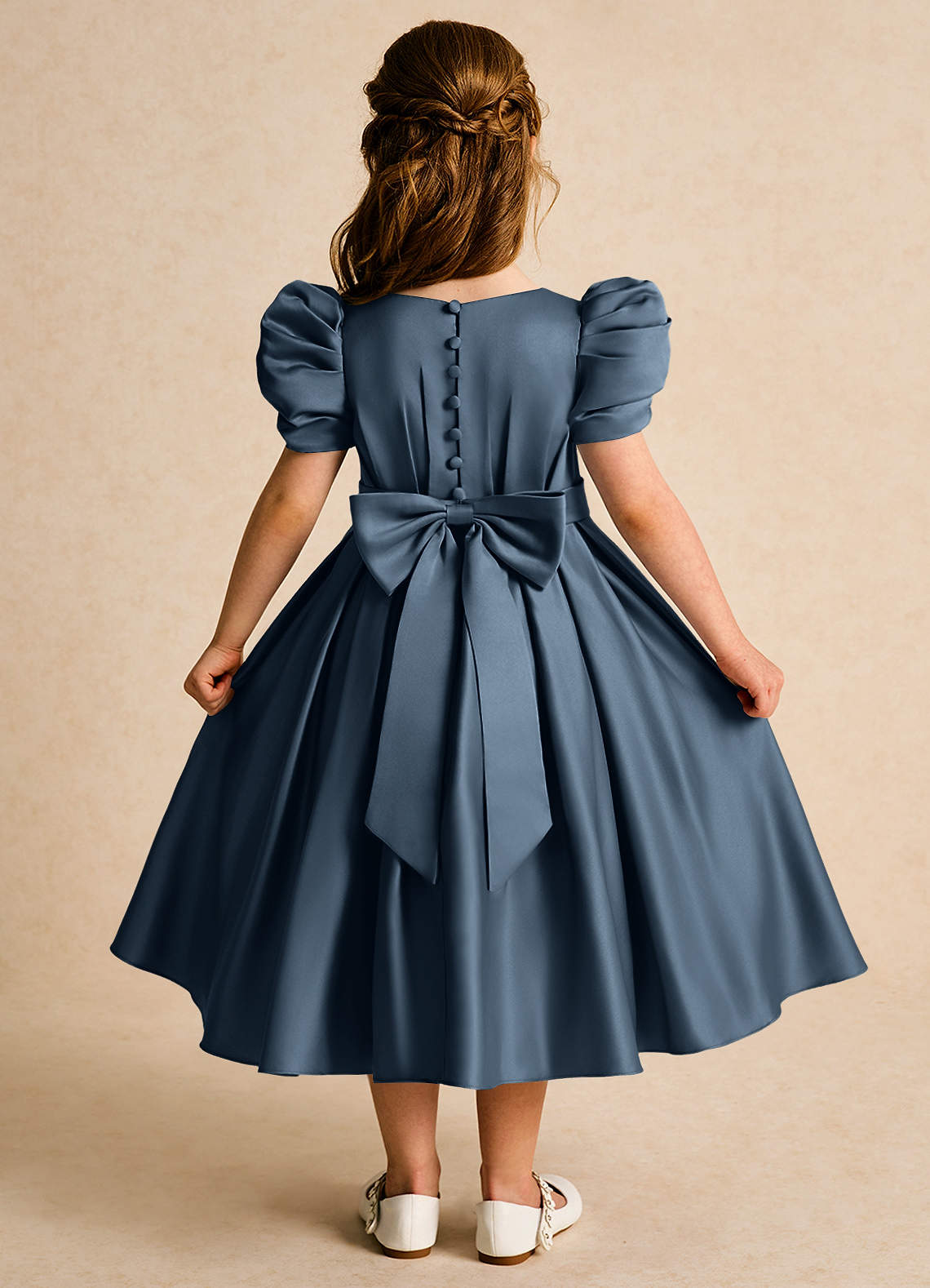 Azazie Miriam Flower Girl Dresses Neptune Ball-Gown Pleated Matte Satin Dress image1