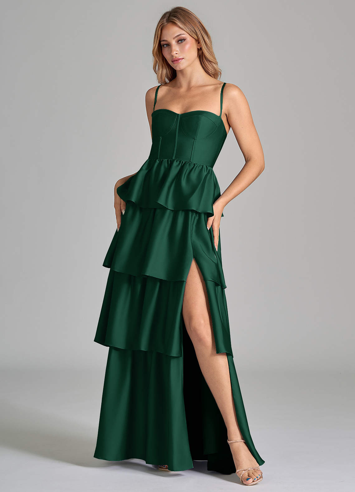 faye ruched one shoulder dress in green Ruched One-Shoulder Maxi Dress with Trailing Sash - Green