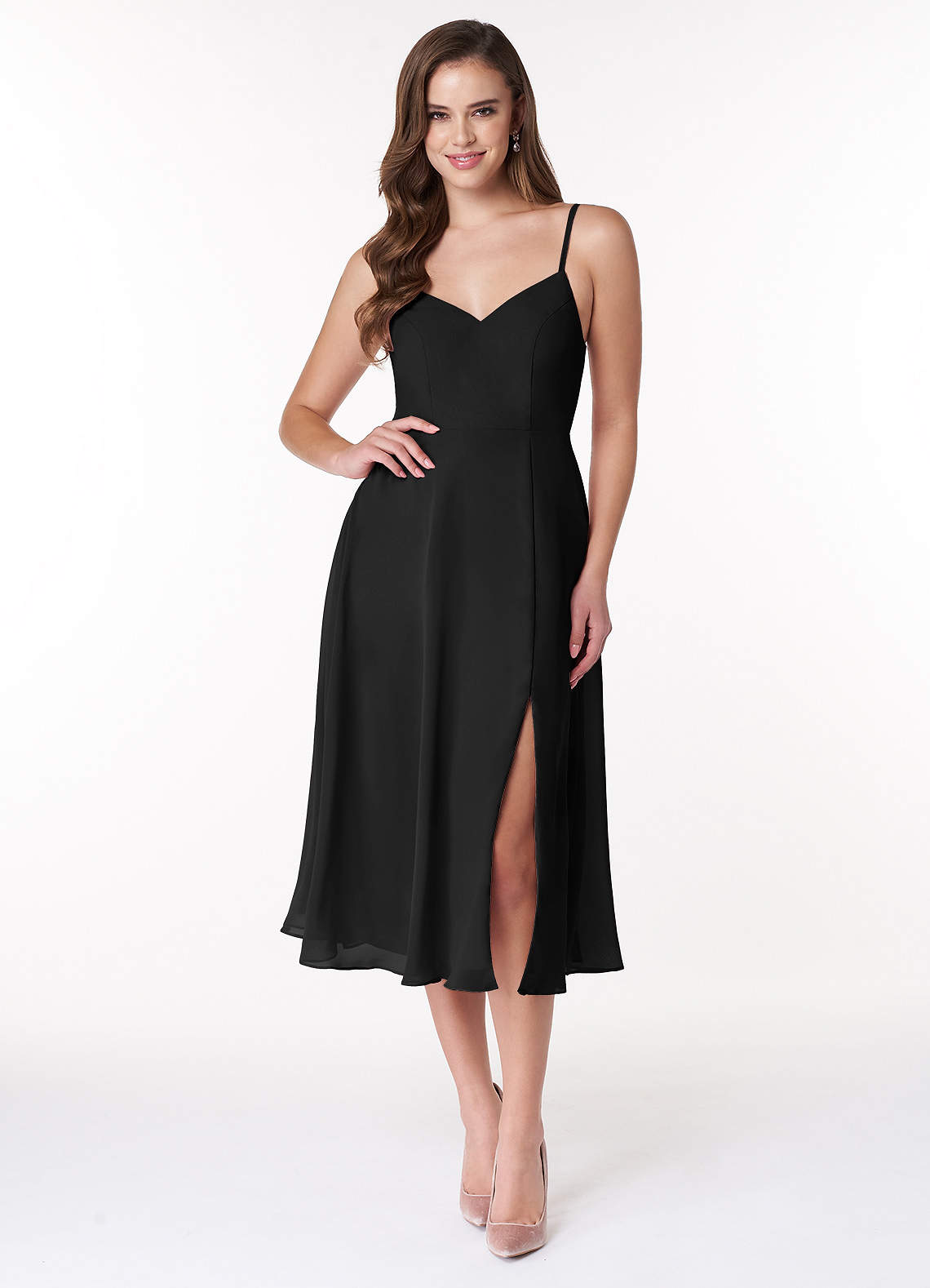Azazie Clarissa Brautjungfernkleider A-Linie V-Hals Chiffon Kleid Schwarz image1