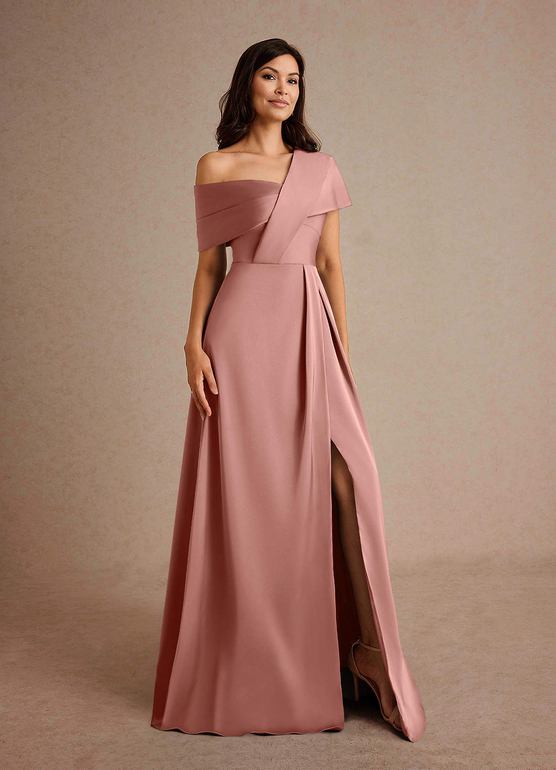 Azazie Milton Mother of the Bride Dresses Rosette A-Line Pleated Stretch Satin Dress image7