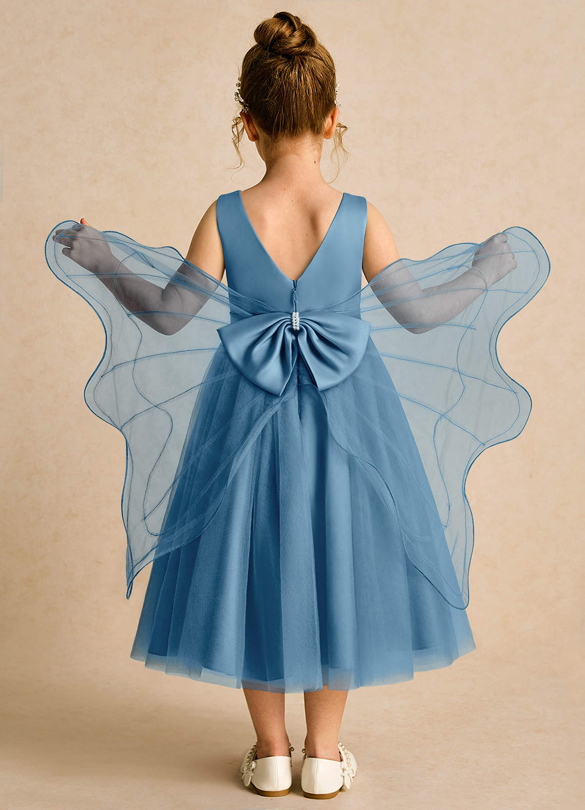 Azazie Pear Flower Girl Dresses Steel Blue Ball-Gown Bow Tulle Dress image1