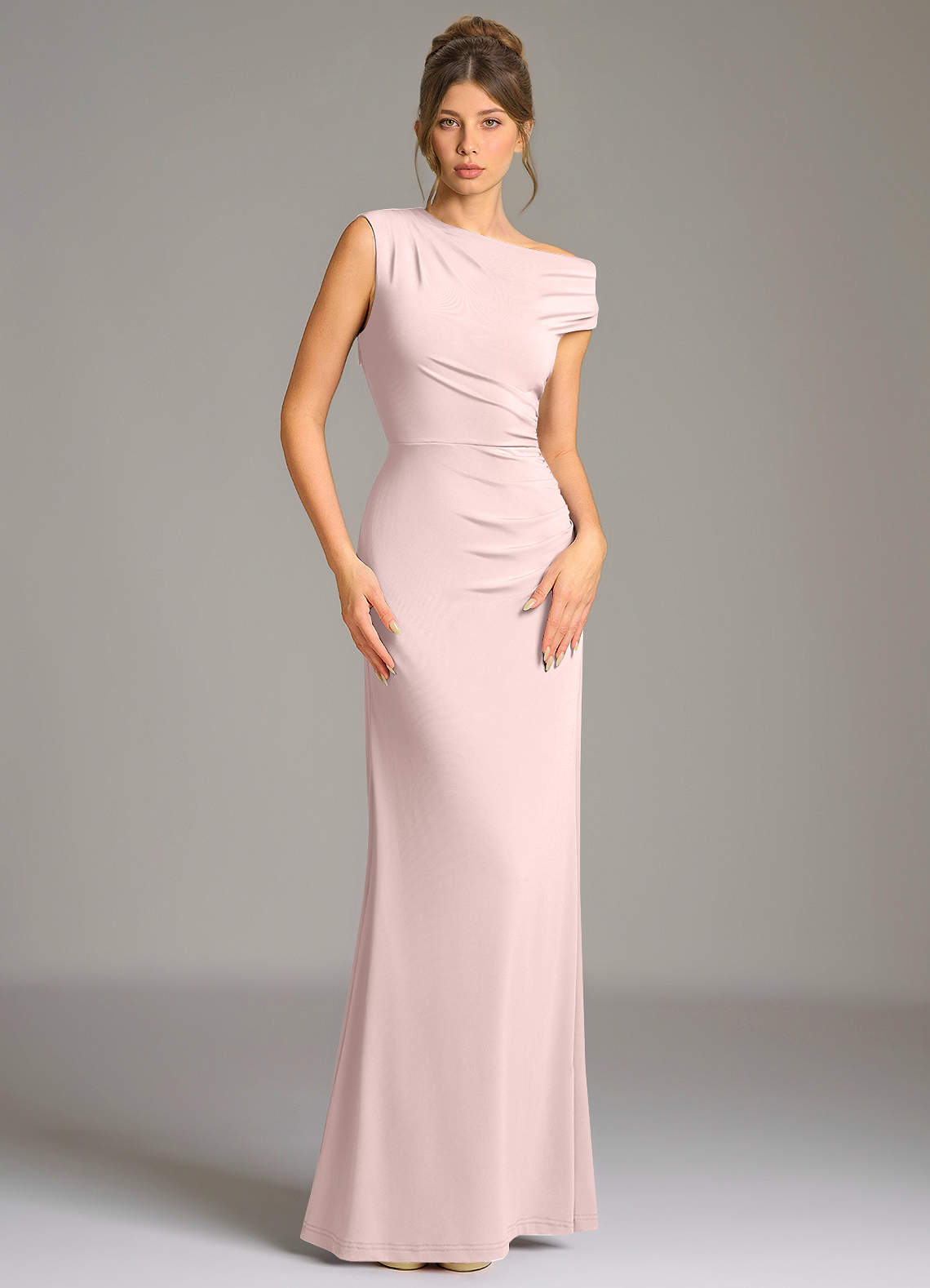Azazie Nazanin Bridesmaid Dresses Blushing Pink Mermaid Off the Shoulder Premium Stretch Jersey Dress image2