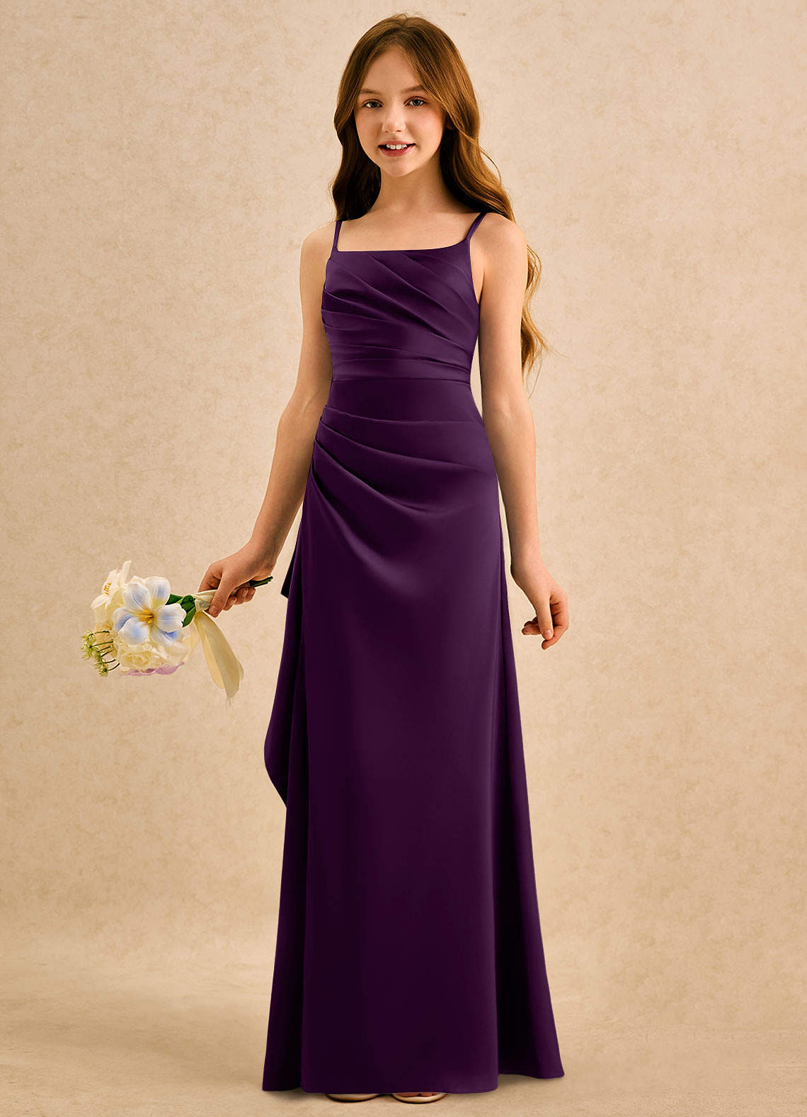 Azazie Cannoli Girls Formal Sukienki dla dziewczynek sypiących kwiaty Linia A Pofałdowany Satyna elastyczna Długość podłogi Sukienka image3