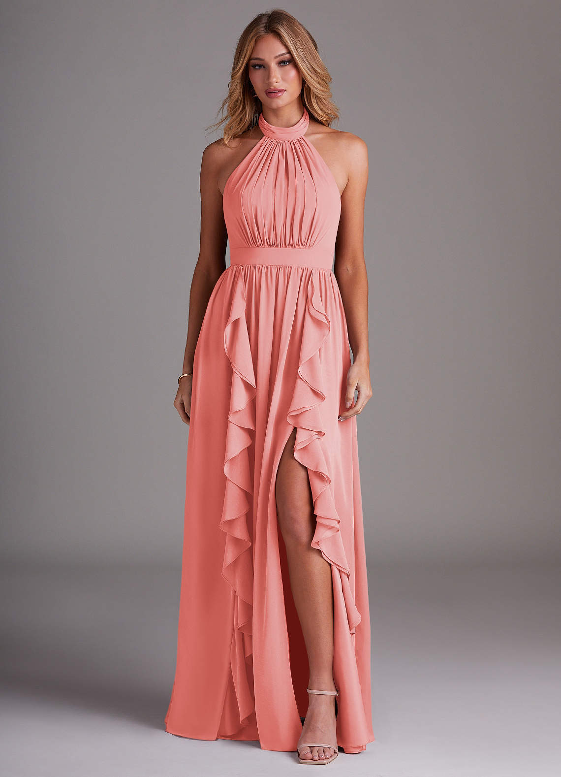 Azazie Avary Bridesmaid Dresses Coral A-Line Pleated Chiffon Dress image1