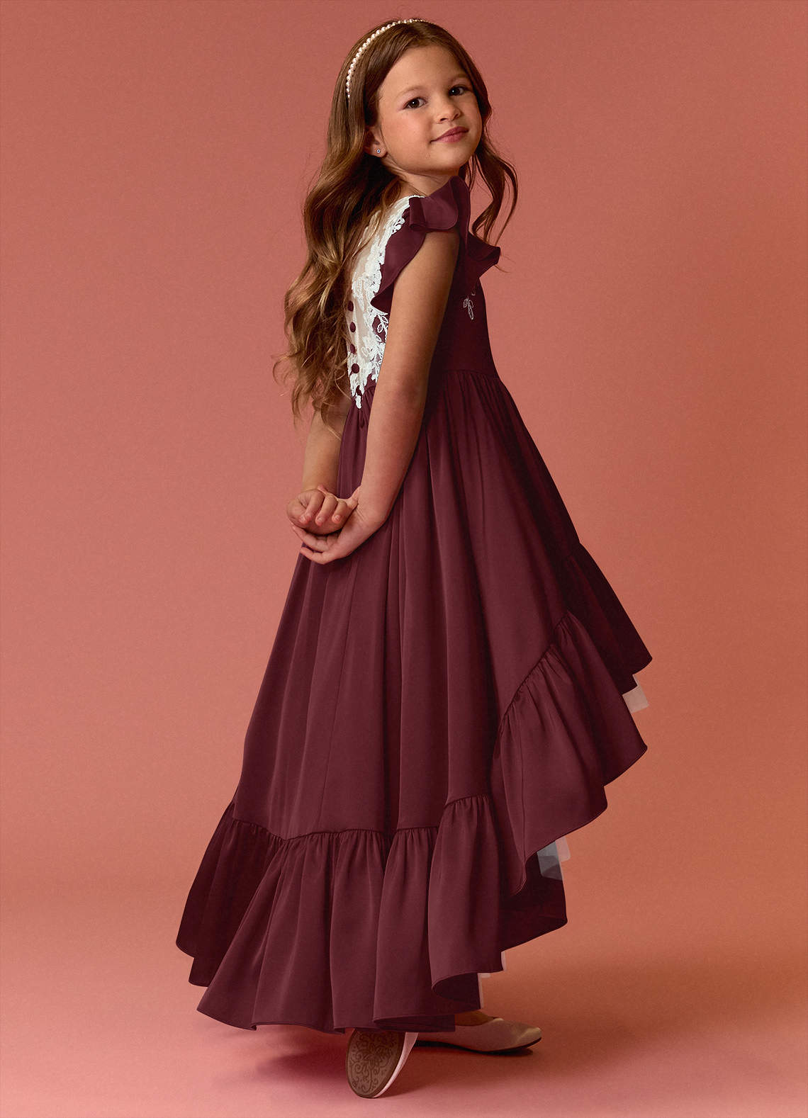 Barbie ♥ Azazie Flower Girl Dresses Cabernet A-Line Lace Stretch Satin Dress image4