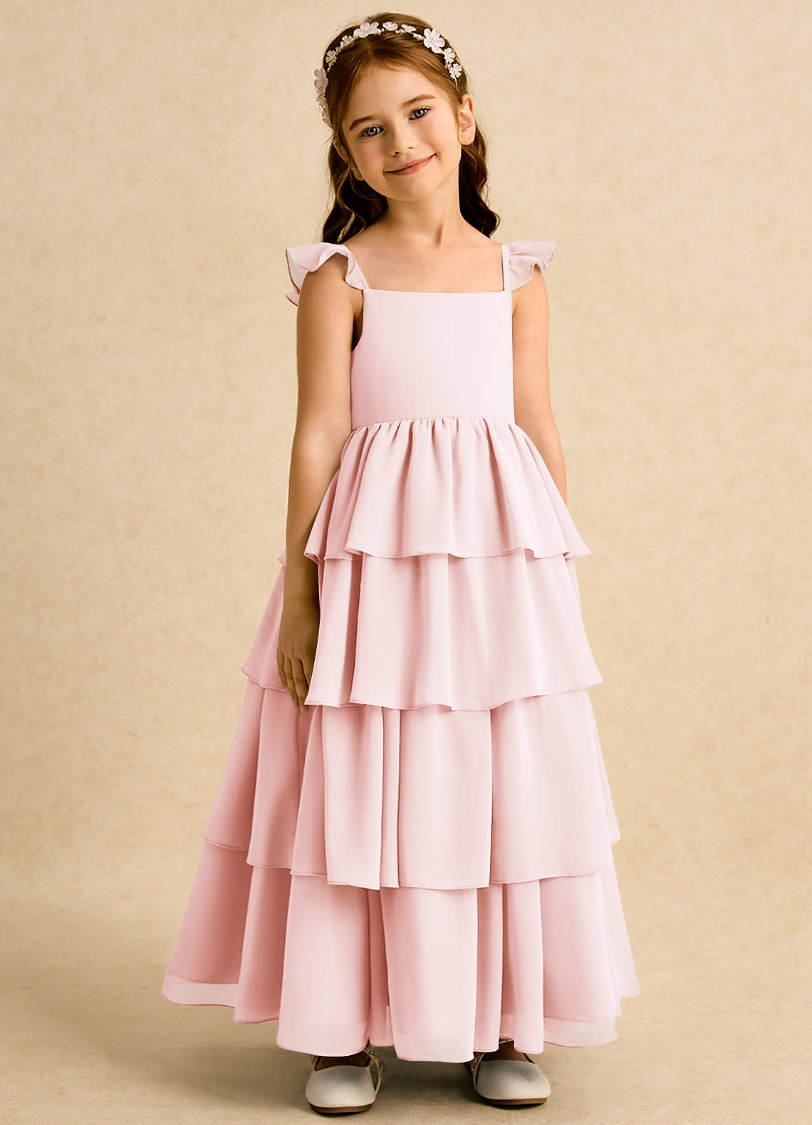 Azazie Boba Blumenmädchenkleider A-Linie Rechteckiger Ausschnitt Chiffon Kleid Zartrosa image1