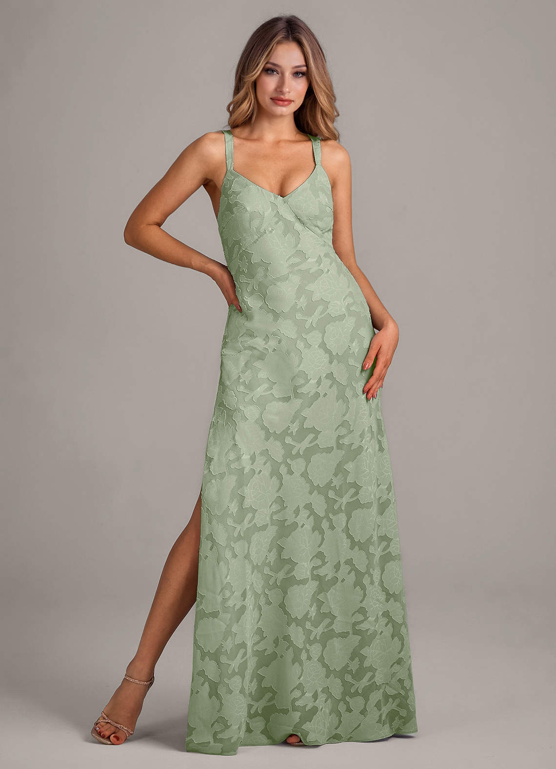 Azazie Aliza Ready to Ship Dusty Sage Floral Burnout Bridesmaid Dresses |  Azazie