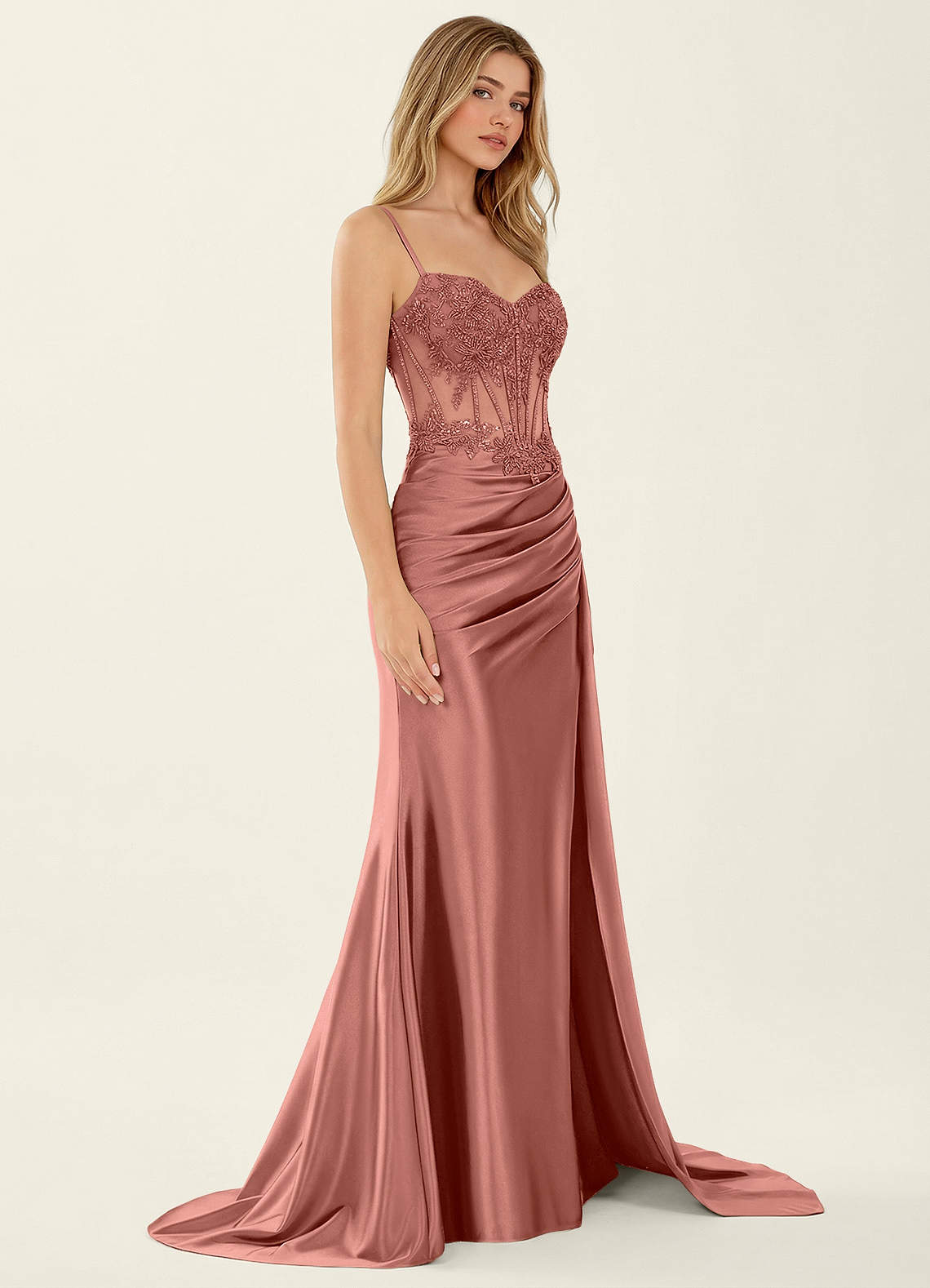 Celestianora Dusty Rose Corset Stretch Satin Mermaid High Slit Prom Dress image2