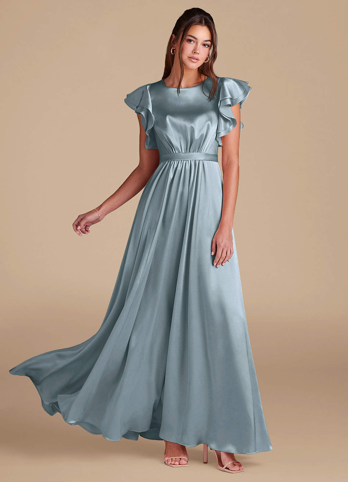 Azazie Daphne Abiti da damigella modesti Abito A-Line Increspato Raso Metallizzato Floor-Length image1