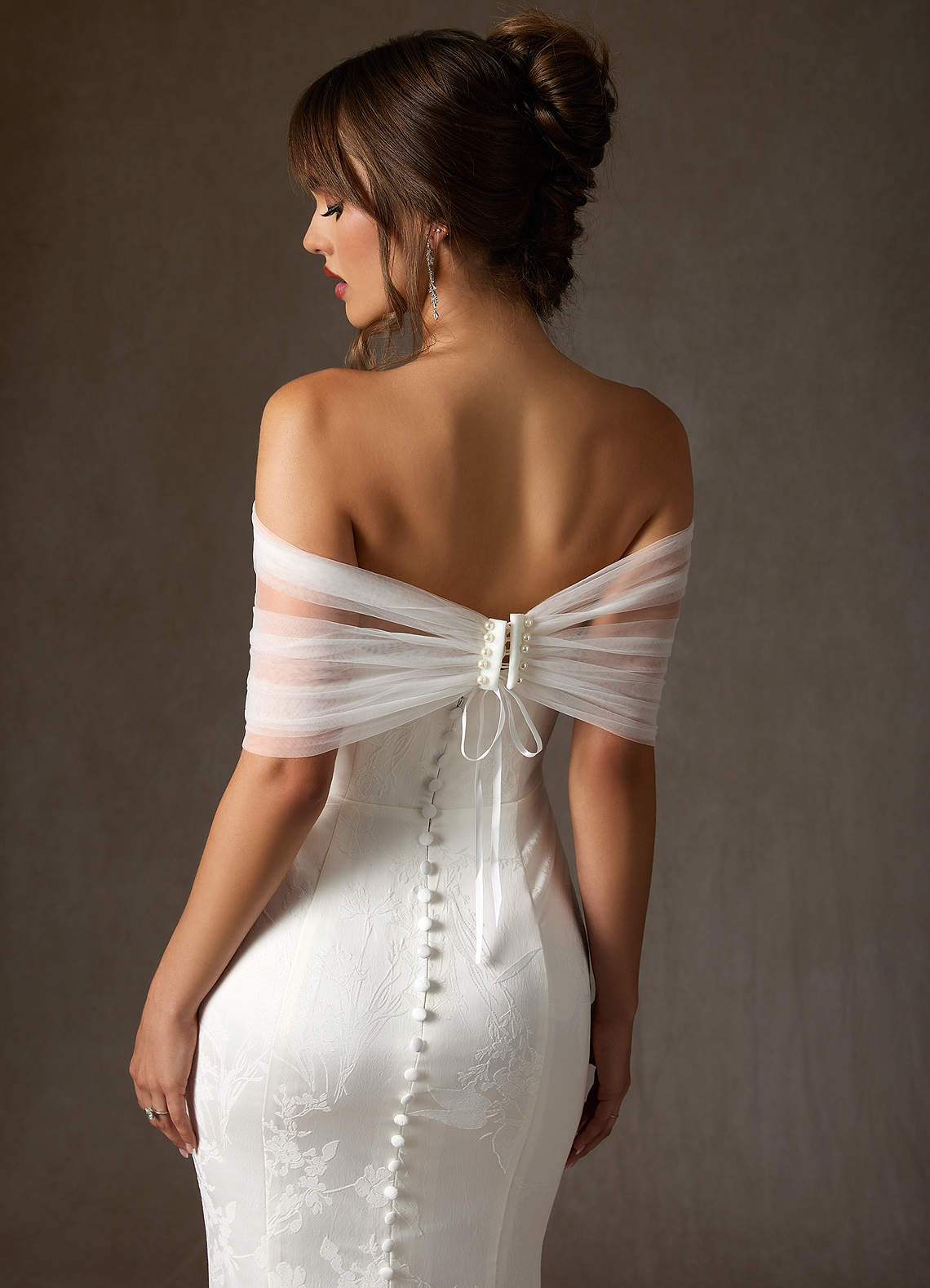 front Ruched Tulle Off-Shoulder Wrap Topper