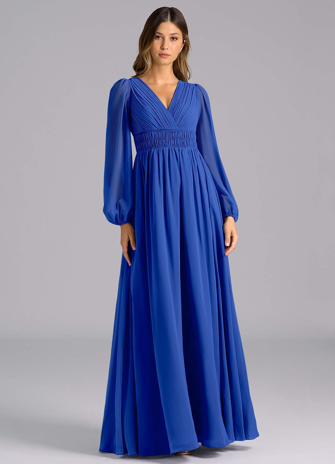 Azazie Palerma Brautjungfernkleider A-Linie Langarm Chiffon Kleid Königsblau image1