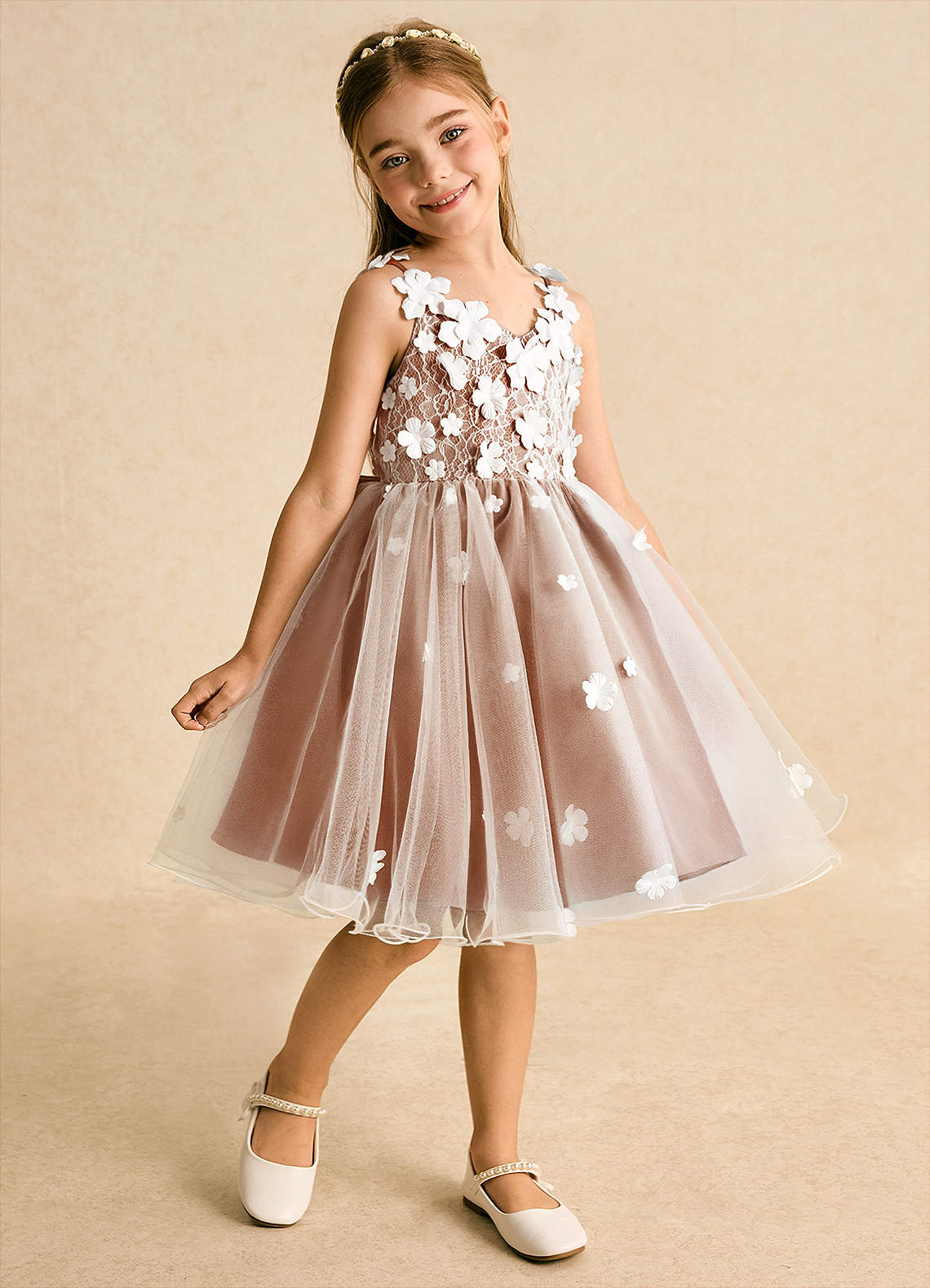 Azazie Junebug Robe Demoiselle D'honneur Fillette Robe Princesse en Tulle Dentelle Ivoire Orange Brûlée image1