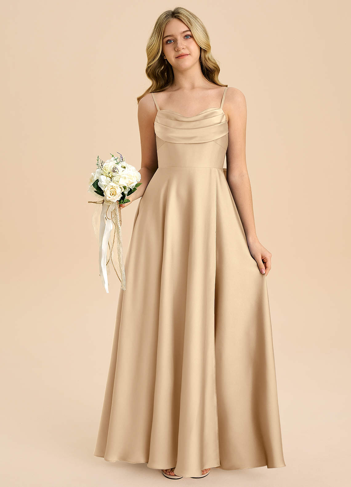 Azazie Bear Junior Champagne A-Line Sweetheart Neckline Stretch Satin Dress image6