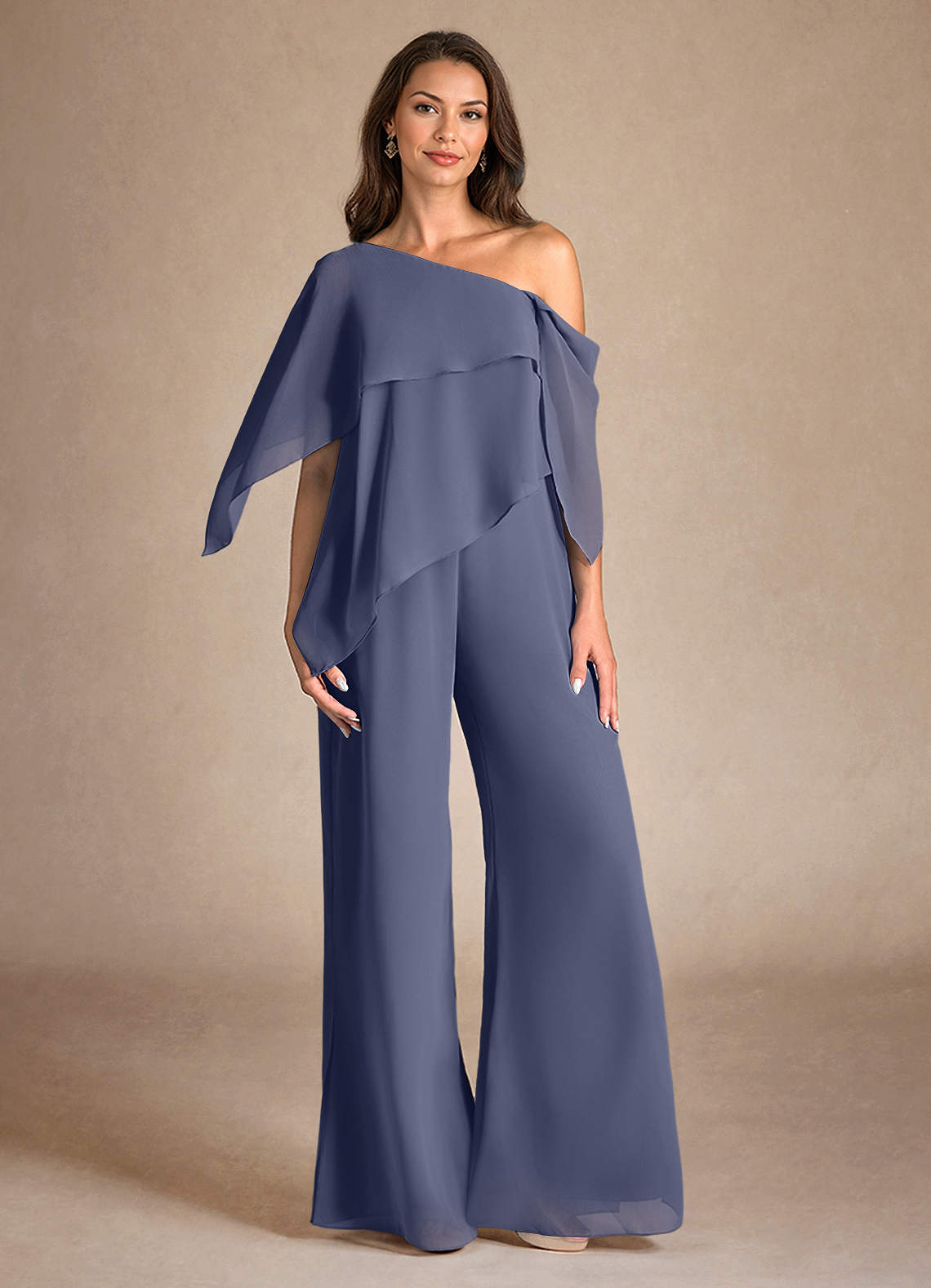 Azazie Jumpsuit/Pantsuit Asymmetrical Neckline Floor-Length Chiffon Mother of The Bride or Groom Dresses - Stormy