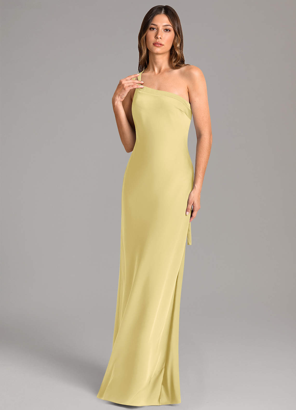 Azazie Monroe Jurken voor bruidsmeisjes Jurk van Stretch Satijn met Zeemeermin One-Shoulder Citroensorbet image1