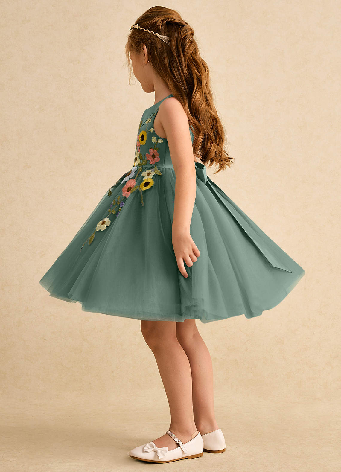 Azazie Prima Flower Girl Dresses Eucalyptus A-Line Bow Tulle Dress image3