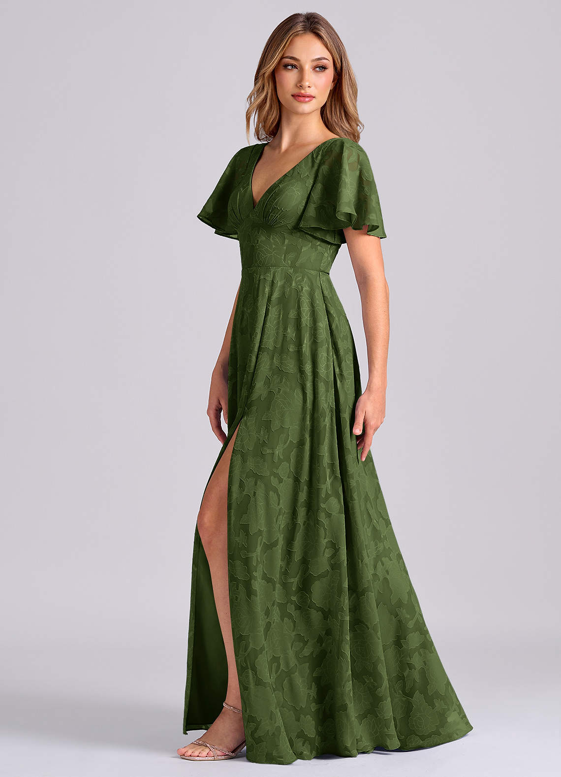 Azazie Kimber Bridesmaid Dresses Olive A-Line with Pockets Floral Burnout Dress image4