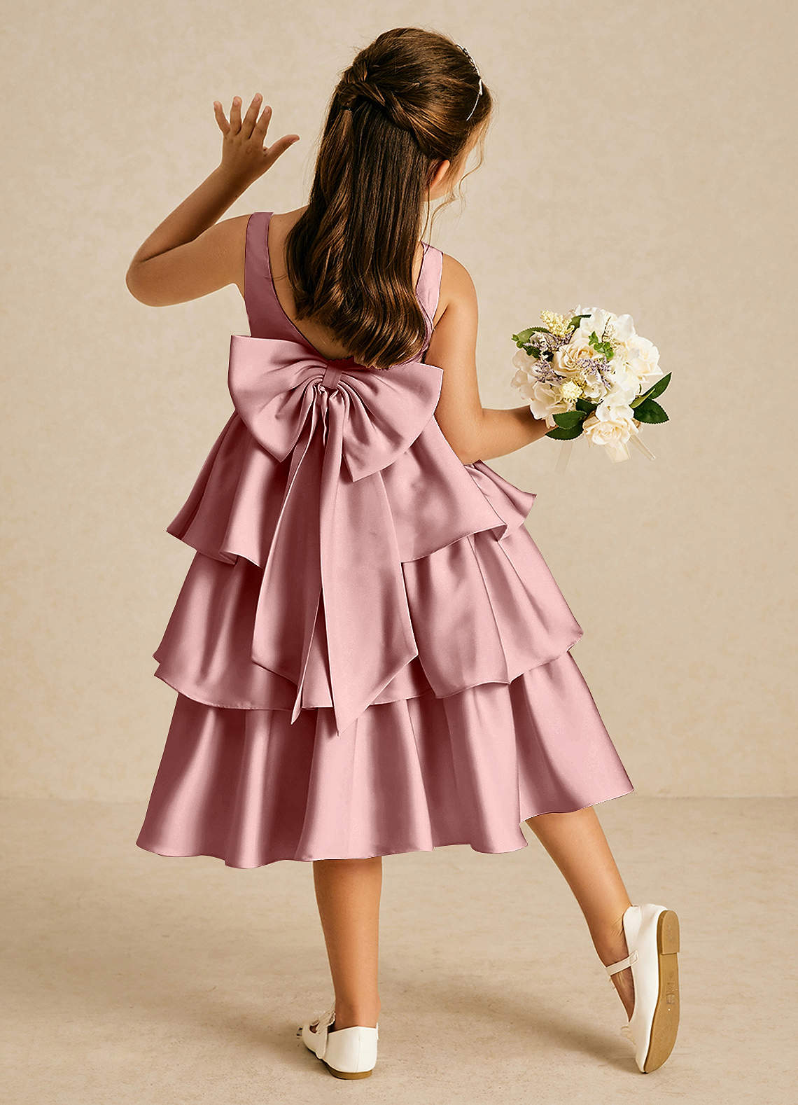 Azazie Margery Blumenmädchenkleider A-Linie Schleifen Stretch-Satin Kleid Altrosa image1