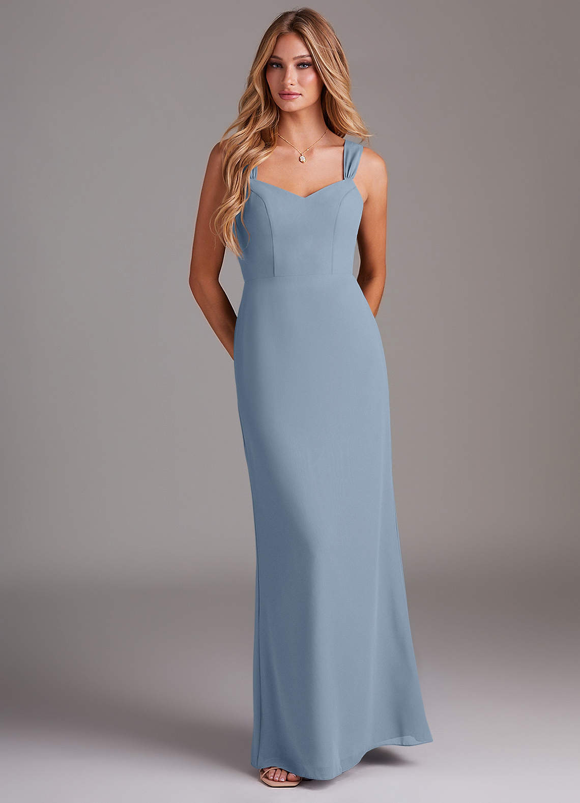 Azazie Denice Jurken voor bruidsmeisjes Jurk van Chiffon met Kolom Geplooid Stoffig Blauw image1