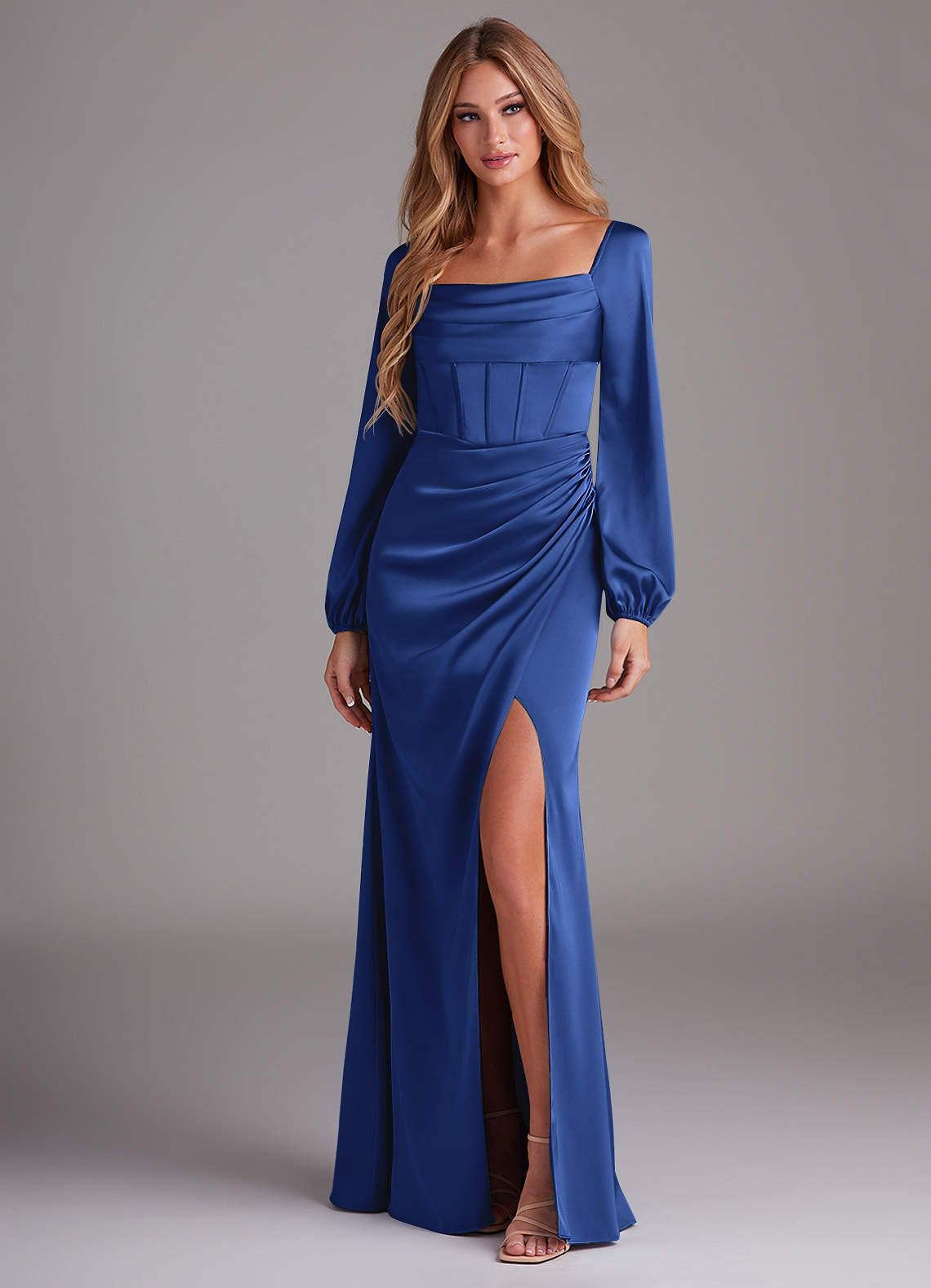 royal blue satin dress long sleeve long sleeve royal blue Satin prom dress lace appliques Lisposa