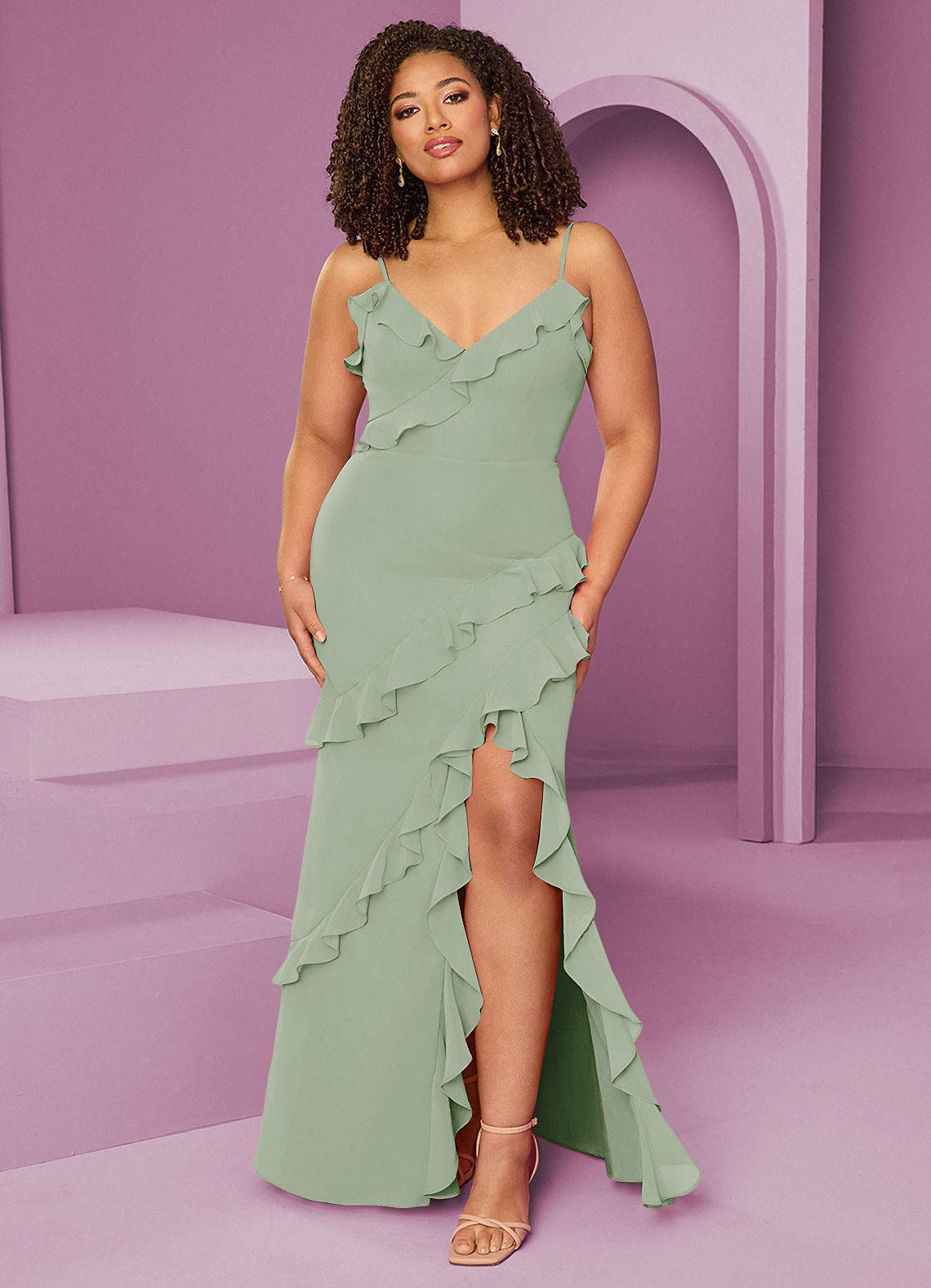 Barbie ♥ Azazie Jurken voor bruidsmeisjes Jurk van Chiffon met Kolom Stoffige Salie image1