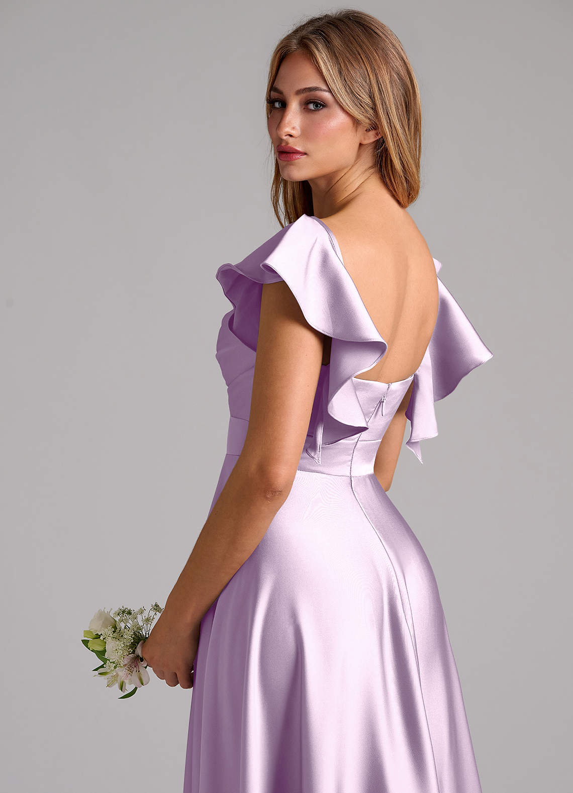 Azazie Leilani Robes de demoiselle d'honneur Robe Trapèze en Satin extensible Rayé Frostiges Flieder image8