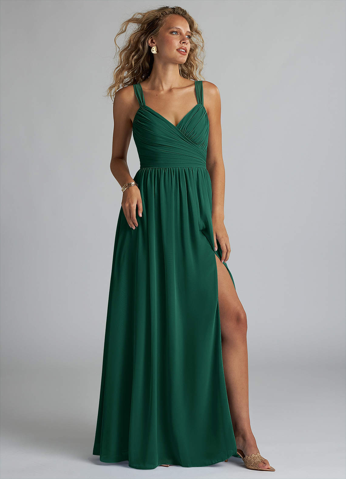 Azazie Aziza Bridesmaid Dresses Emerald A-Line V-Neck Pleated Chiffon Dress image1