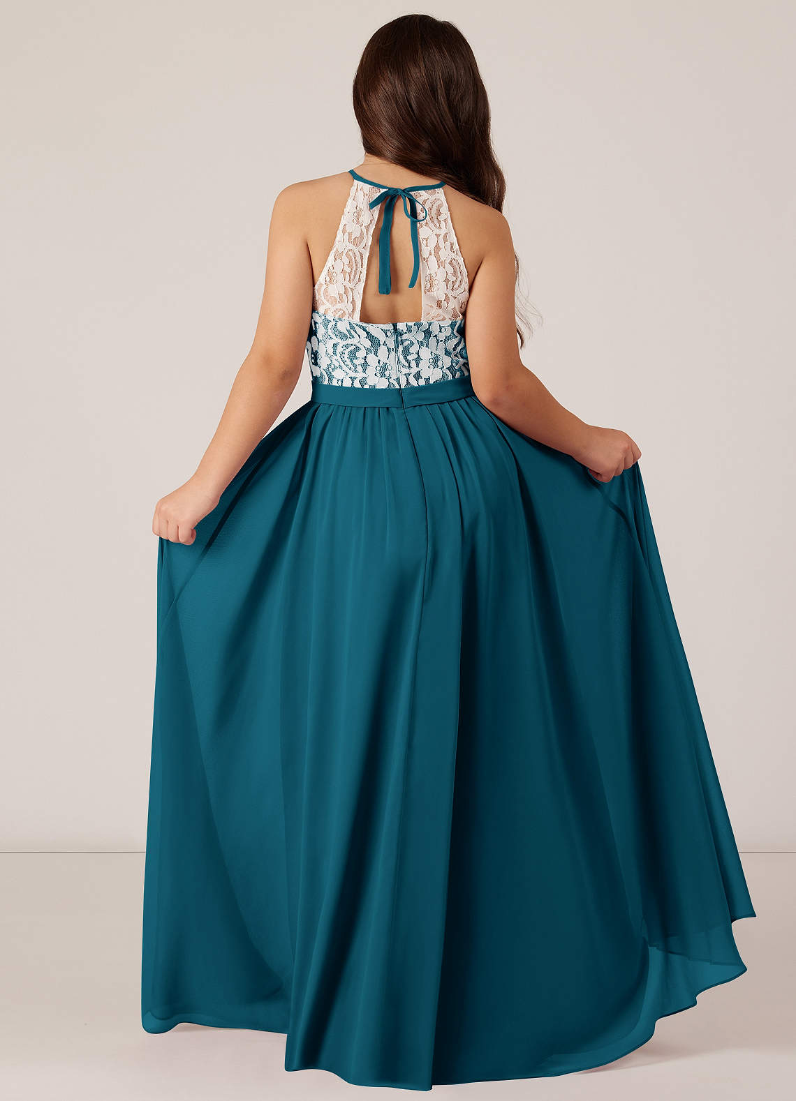 Azazie Fahari Junior Ink Blue A-Line Lace Chiffon Dress image1