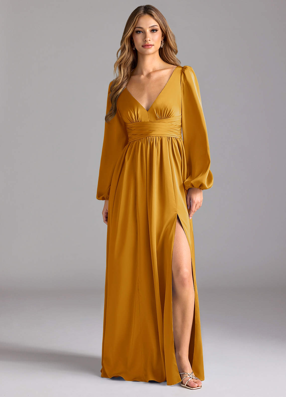Azazie Norah Brautjungfernkleider A-Linie Stretch-Satin Kleid Butterscotch image1