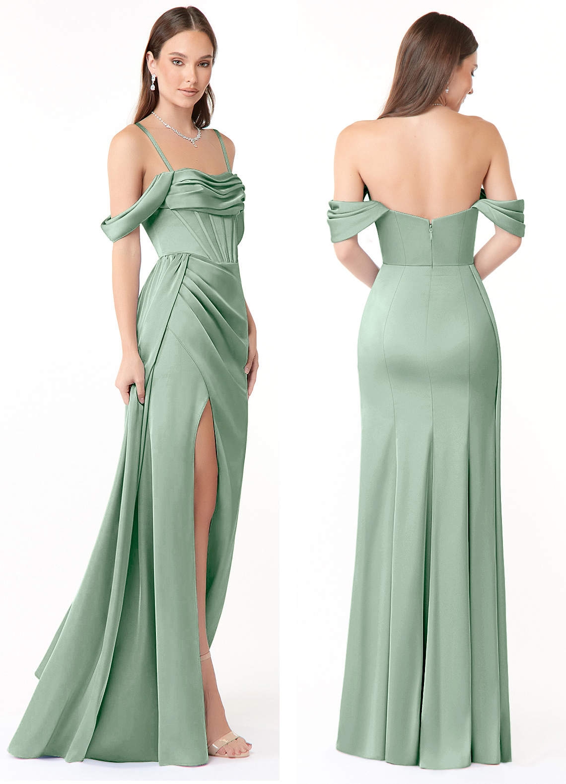 Azazie Amyra At-home Try On Dresses Agave Sheath Off the Shoulder Stretch Satin Convertible Dress image7
