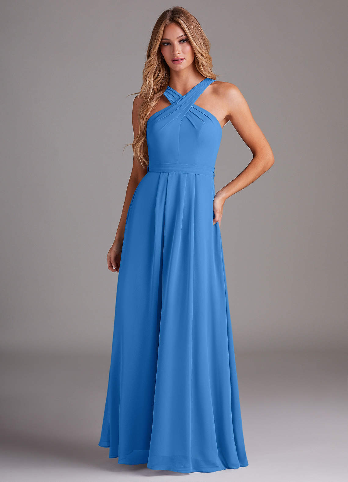Azazie Dixie Bridesmaid Dresses Blue Jay A-Line Halter Pleated Chiffon Dress image1