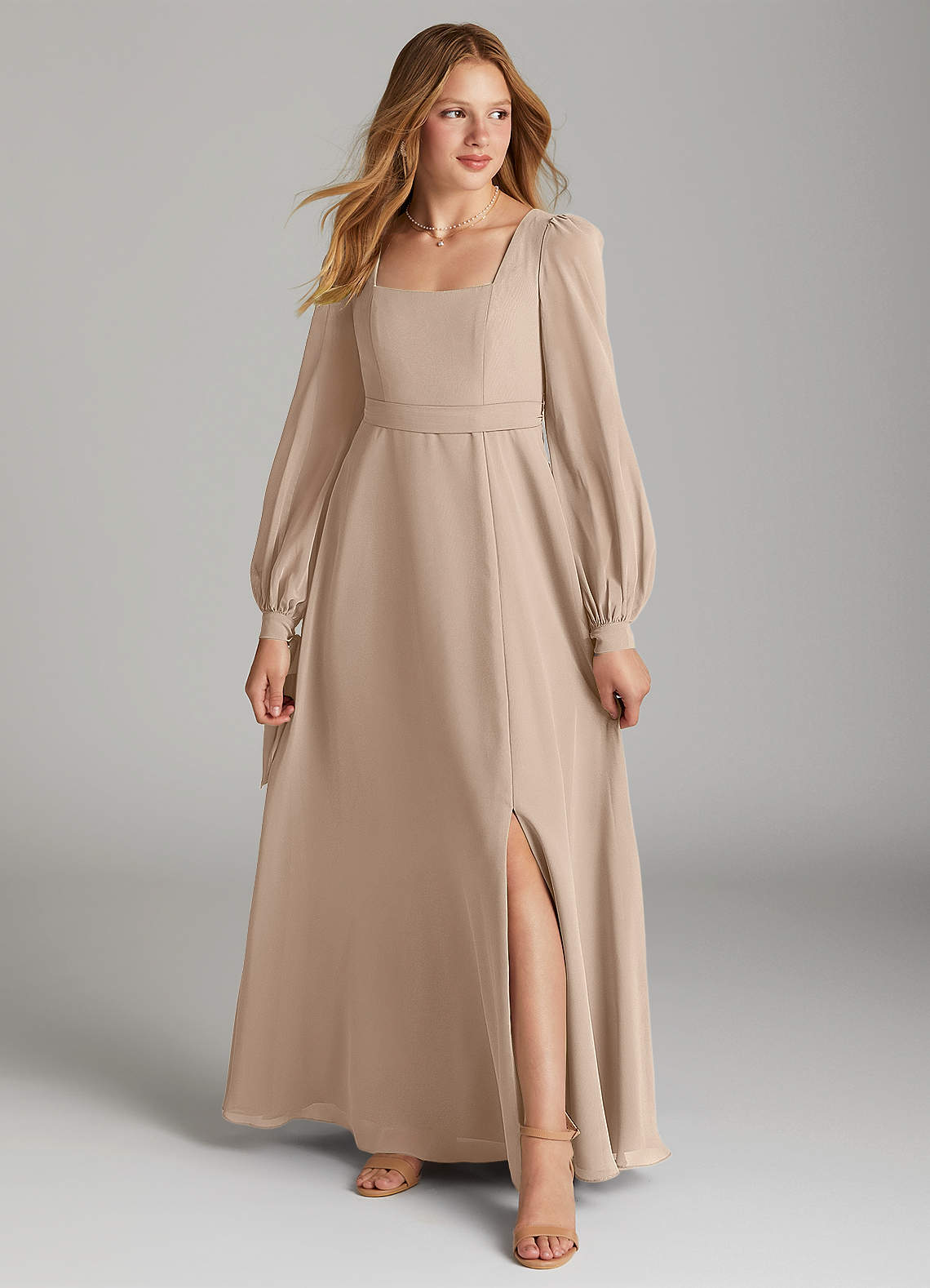 Azazie Leonia Junior Taupe A-Line with Pockets Chiffon Dress image1