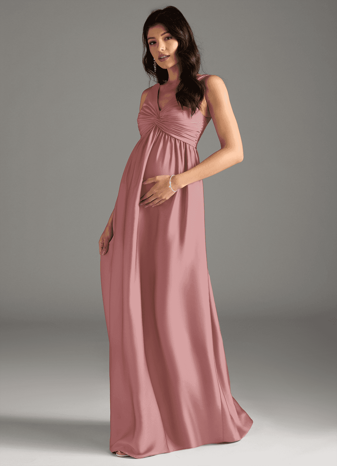 Azazie Yetta Maternity Bridesmaid Dresses A-Line Pleated Stretch Satin Floor-Length Dress image1