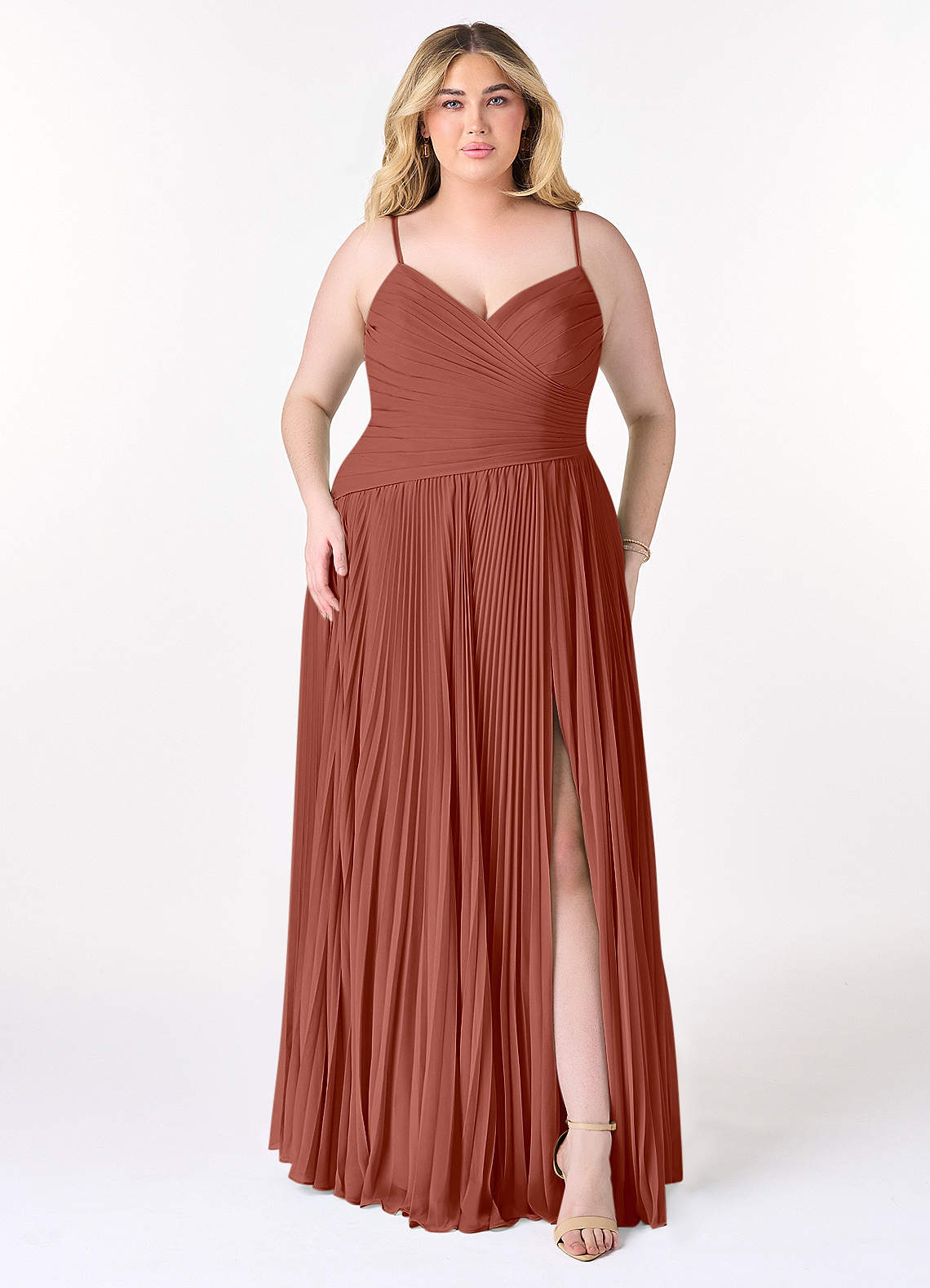 Azazie Vini Bridesmaid Dresses Auburn A-Line V-Neck Pleated Chiffon Dress image1
