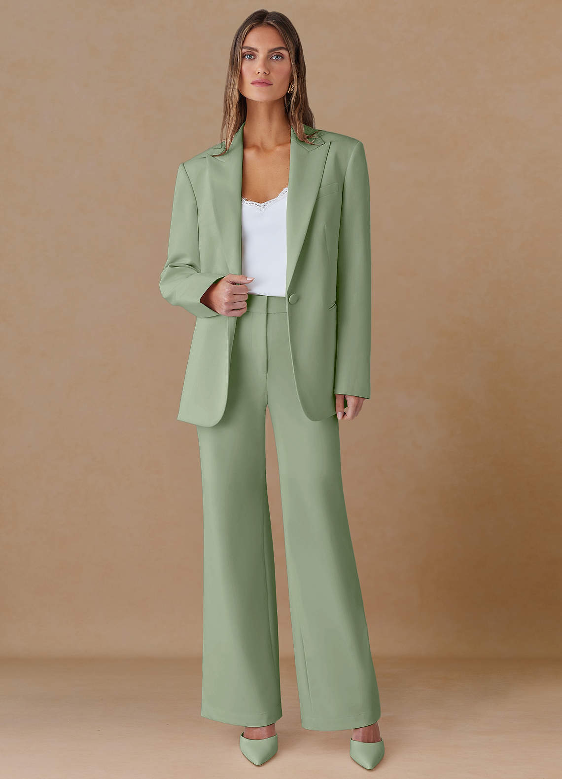 front Marina Dusty Sage Refined Weave Straight-Leg Pants