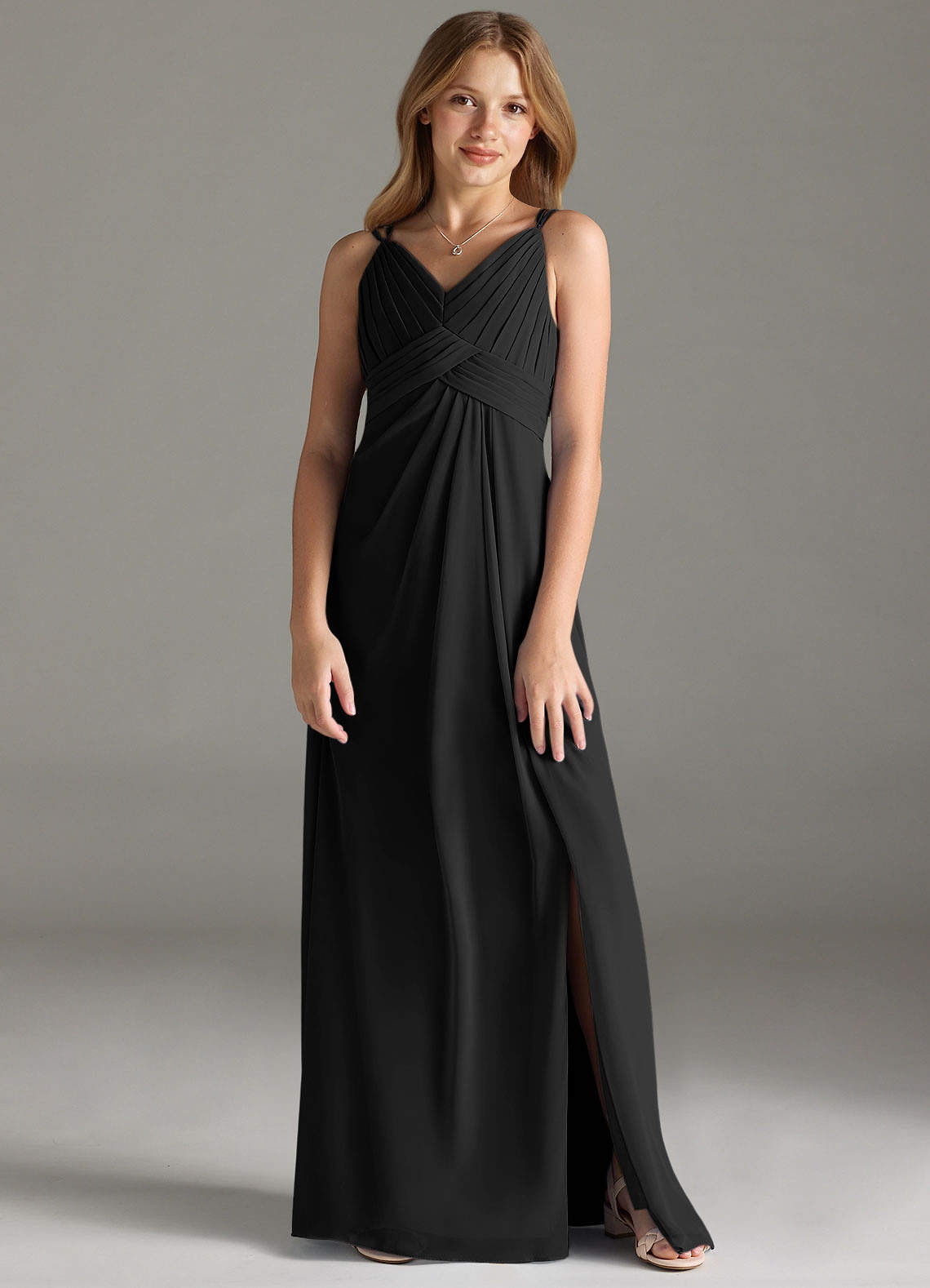 Azazie Maren Allure Junior Abito A-Line in Chiffon Pizzo Nero image1