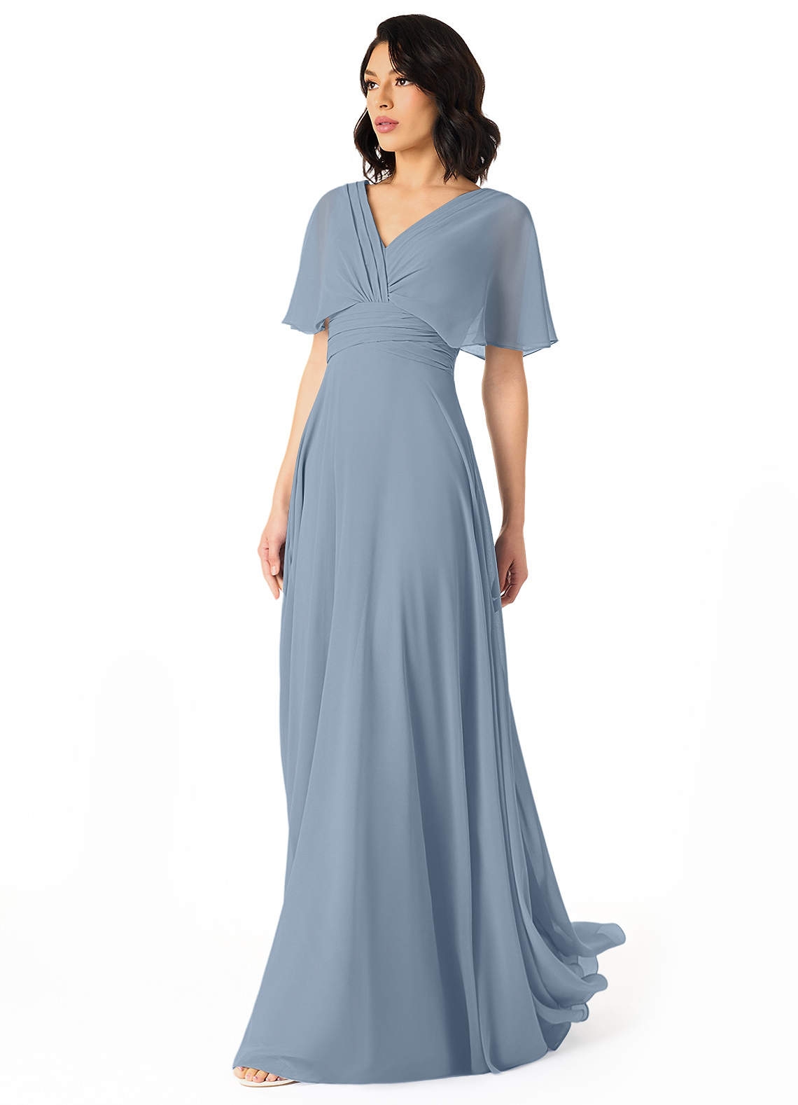 Azazie Pamela Bridesmaid Dresses Dusty Blue A-Line V-Neck Pleated Chiffon Dress image2
