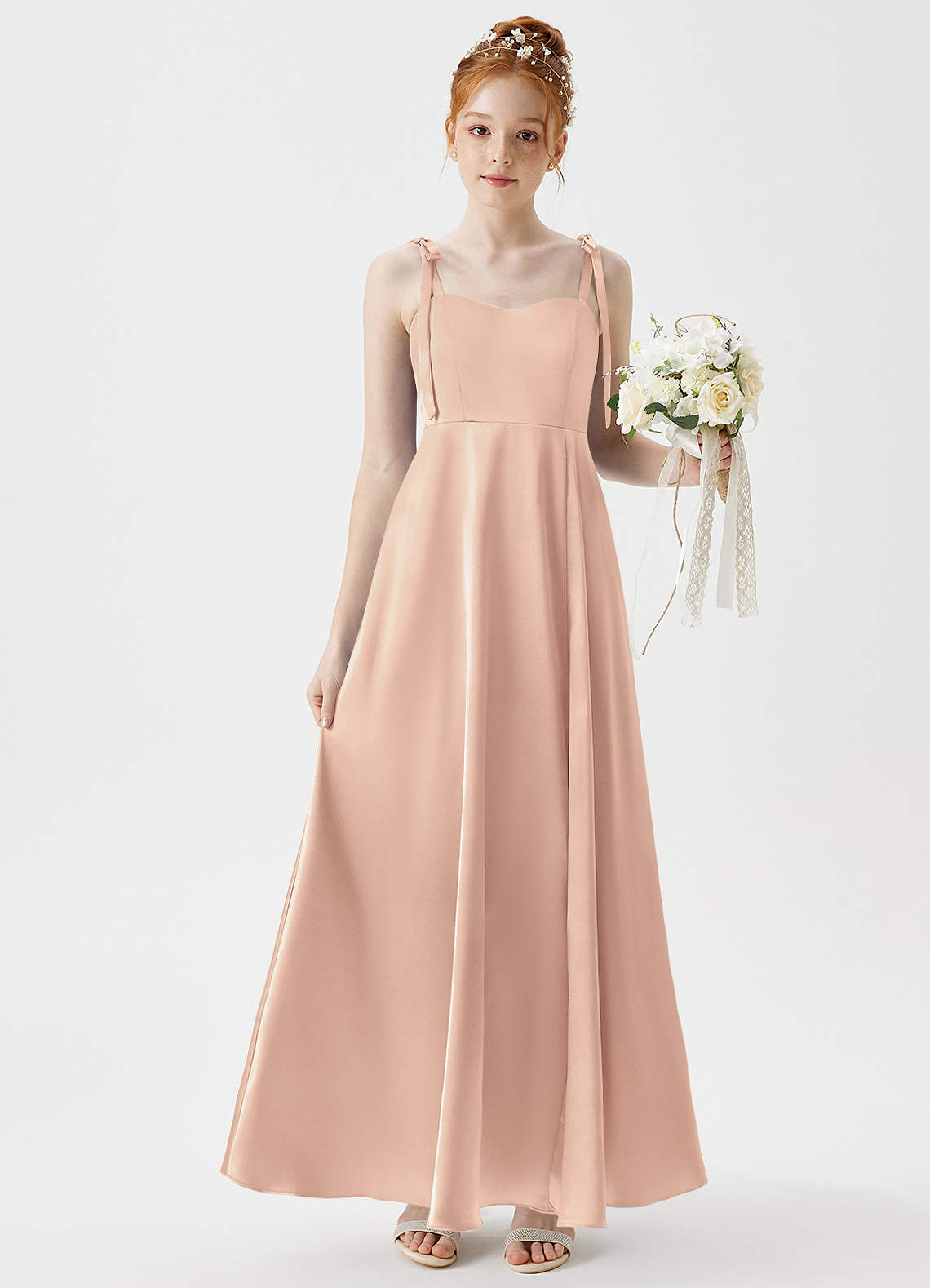 Azazie Rosey Junior A-Linie Herzausschnitt Metallischer Satin Kleid Englisches Rosa image1