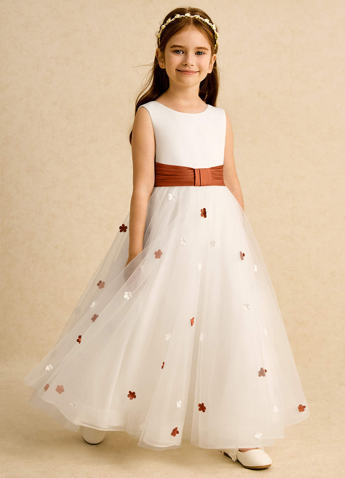 Azazie Cricket Flower Girl Dresses Ivory Burnt Orange Ball-Gown Pleated Matte Satin Dress image6
