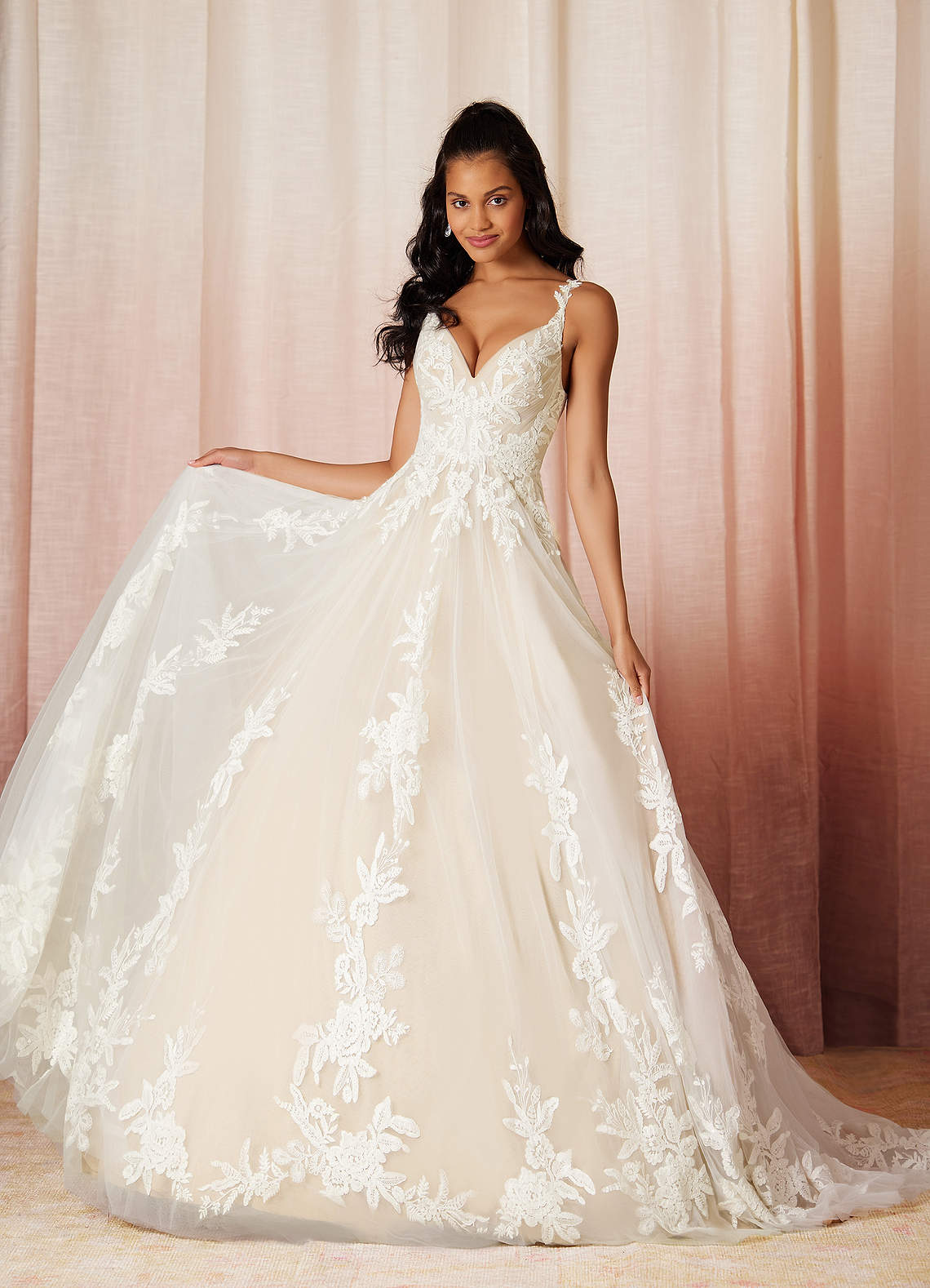 Azazie Delaina Wedding Dresses Diamond White Champagne A-Line V-Neck Sequins Tulle Dress image4